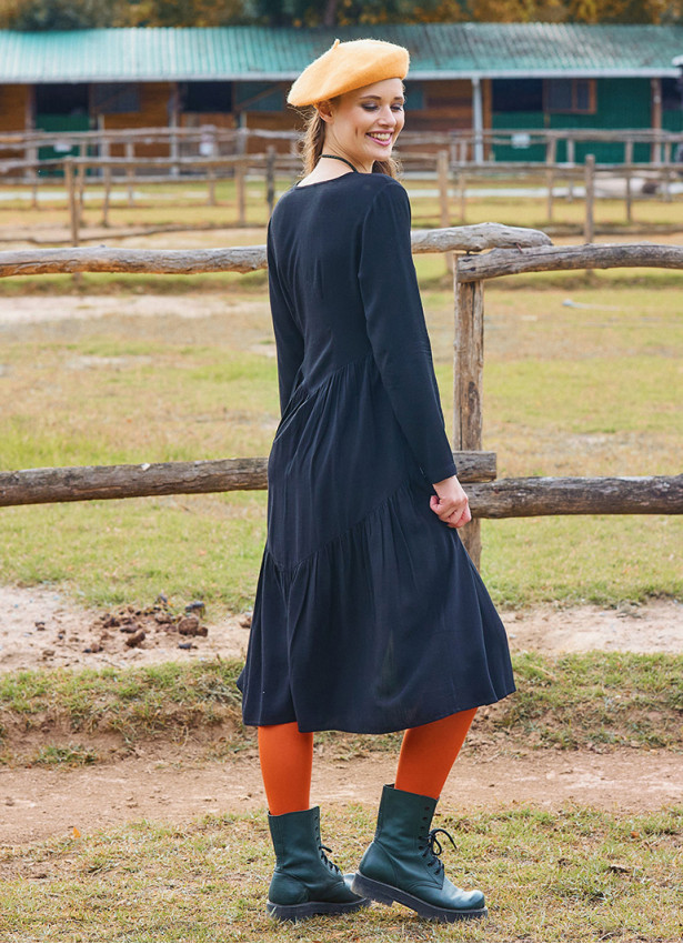 Crew Neck Button Detailed Black Long Sleeve Dress 4787