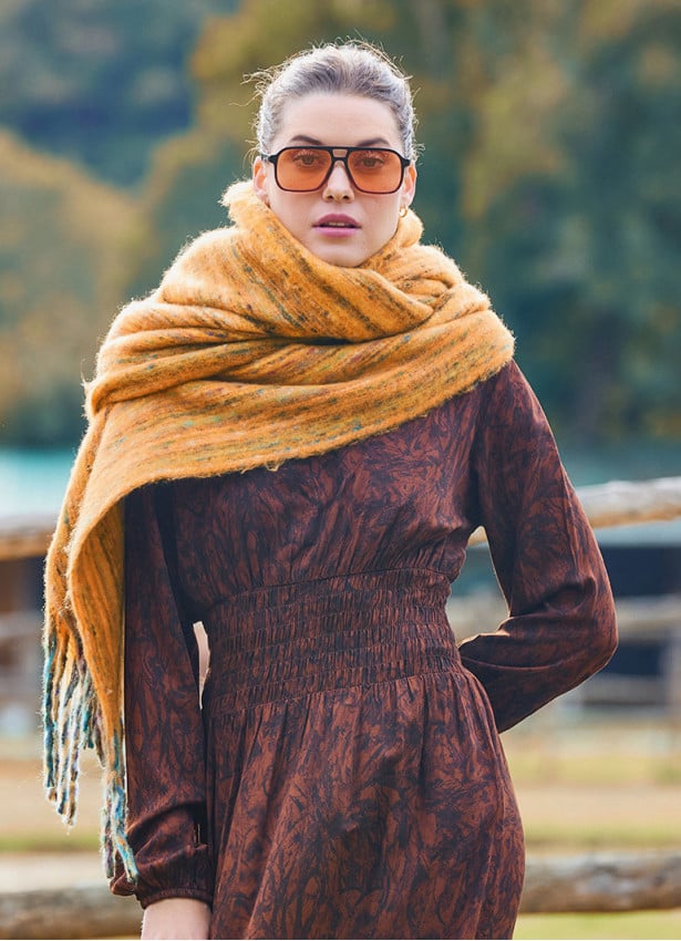 V Neck Flounce Detailed, Brown Winter Dress 4700