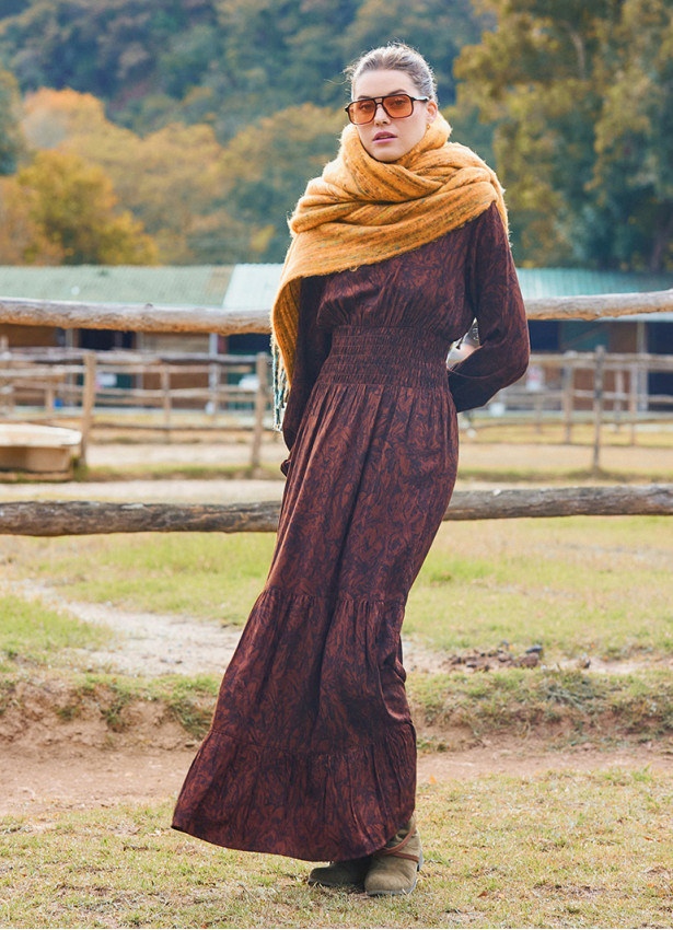 V Neck Flounce Detailed, Brown Winter Dress 4700