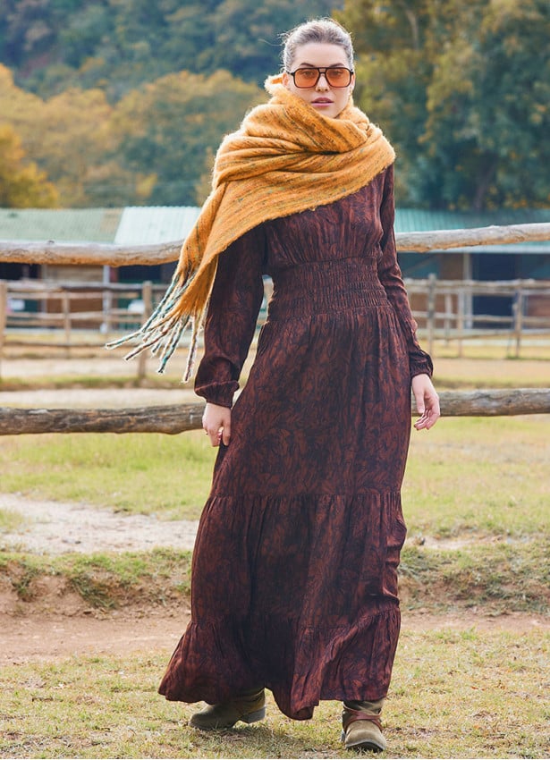 V Neck Flounce Detailed, Brown Winter Dress 4700