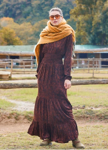 V Neck Flounce Detailed, Brown Winter Dress 4700