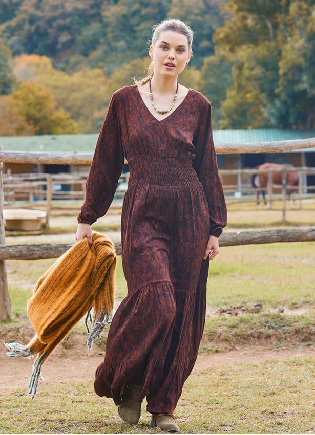 V Neck Flounce Detailed, Brown Winter Dress 4700