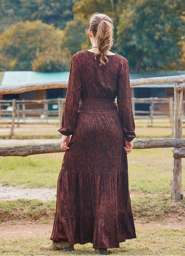 V Neck Flounce Detailed, Brown Winter Dress 4700