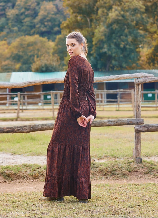 V Neck Flounce Detailed, Brown Winter Dress 4700