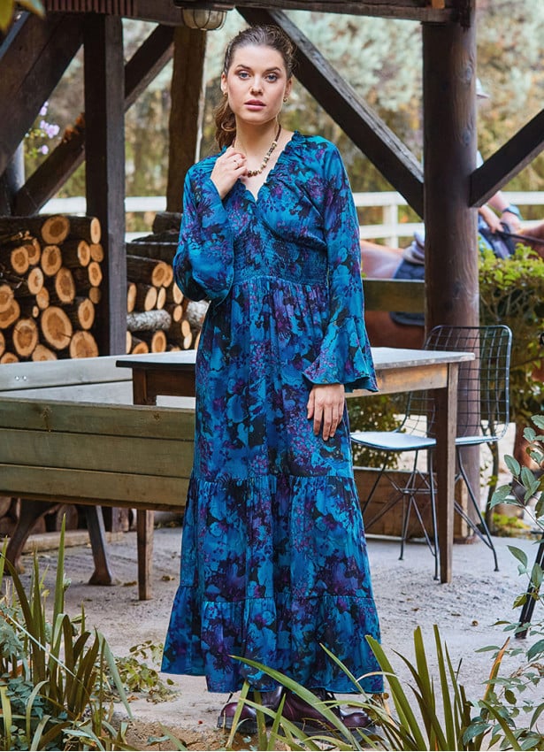 Elastic Collar Spanish Sleeve Blue Long Sleeve Dress 4721