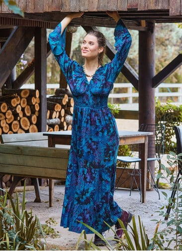 Elastic Collar Spanish Sleeve Blue Long Sleeve Dress 4721