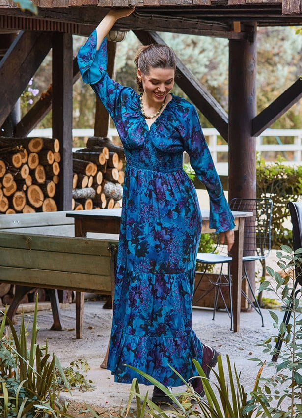 Elastic Collar Spanish Sleeve Blue Long Sleeve Dress 4721