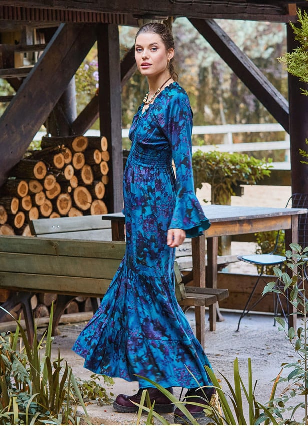 Elastic Collar Spanish Sleeve Blue Long Sleeve Dress 4721