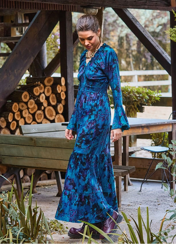 Elastic Collar Spanish Sleeve Blue Long Sleeve Dress 4721