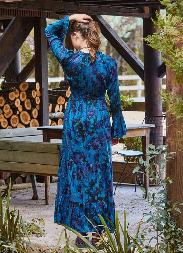 Elastic Collar Spanish Sleeve Blue Long Sleeve Dress 4721