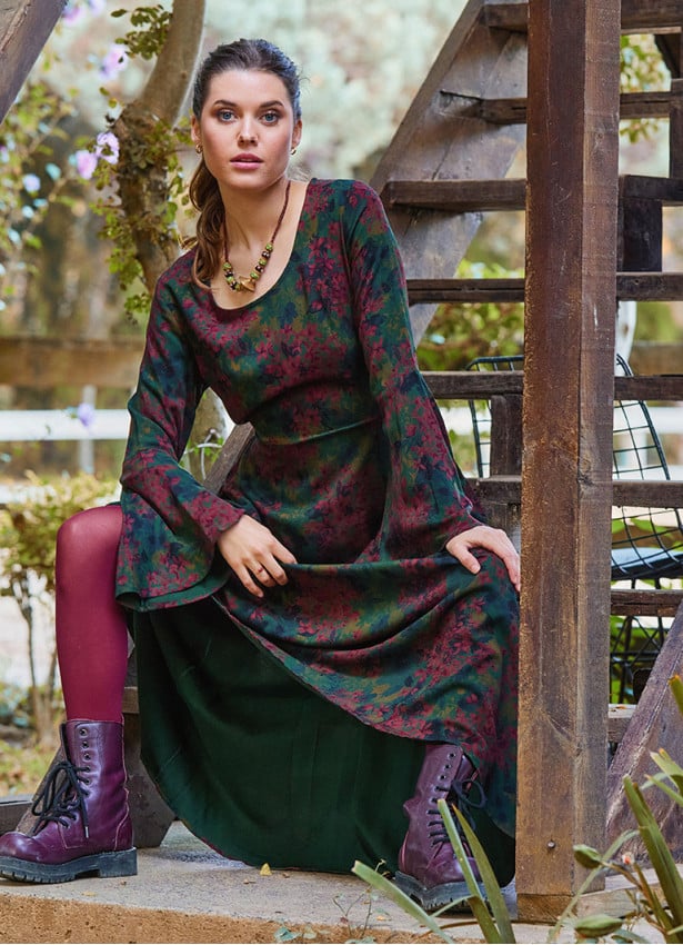 Boat Neck Tied Waist Spanish Sleeve Green Long Sleeve Dress 4709