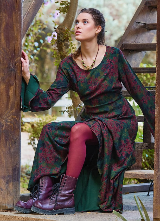 Boat Neck Tied Waist Spanish Sleeve Green Long Sleeve Dress 4709