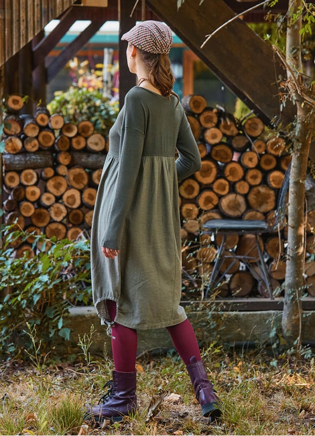 Crew Neck Pocket Finger Strap Khaki Winter Dress 4736