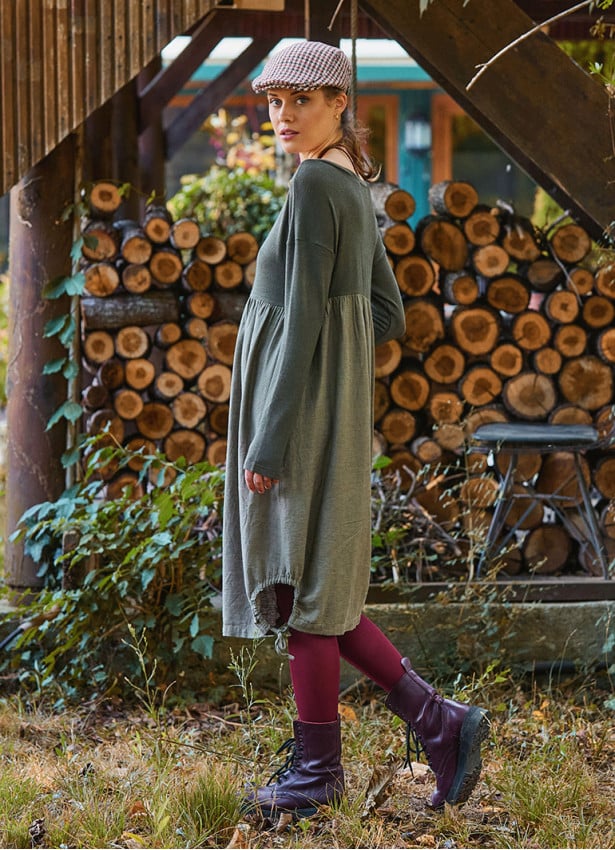 Crew Neck Pocket Finger Strap Khaki Winter Dress 4736