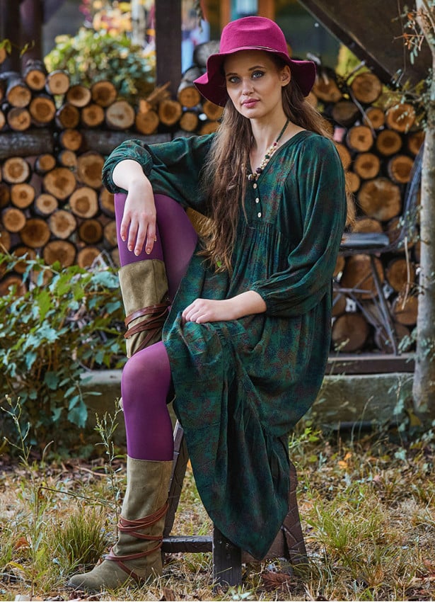 V Neck Elastic Sleeves with Button Detail Green Long Dress 4712