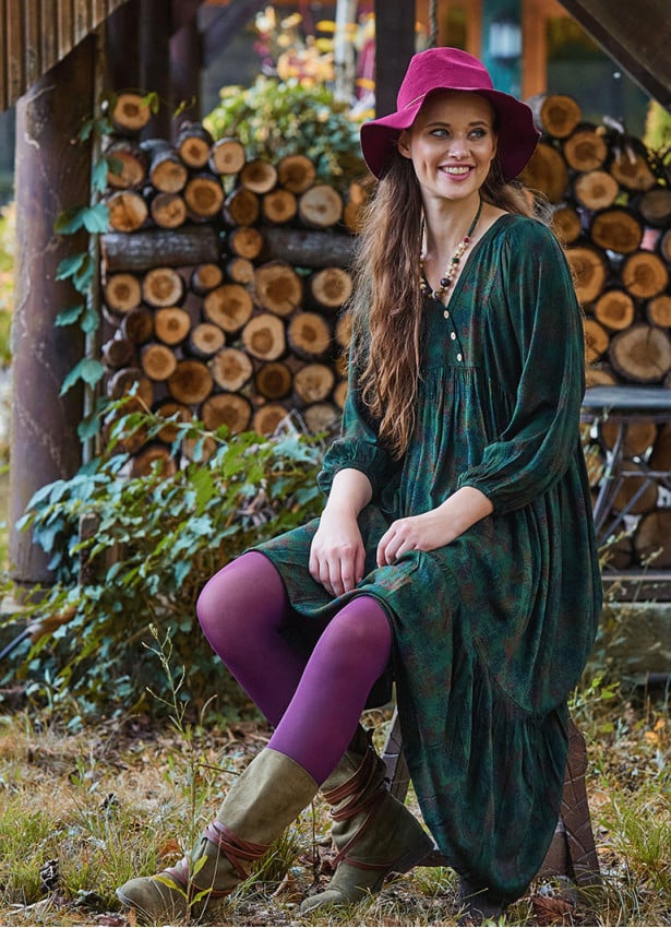 V Neck Elastic Sleeves with Button Detail Green Long Dress 4712