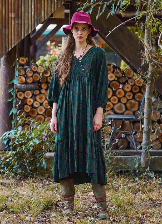 V Neck Elastic Sleeves with Button Detail Green Long Dress 4712