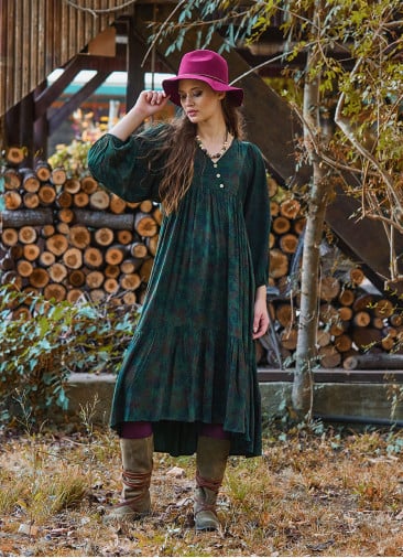 V Neck Elastic Sleeves with Button Detail Green Long Dress 4712