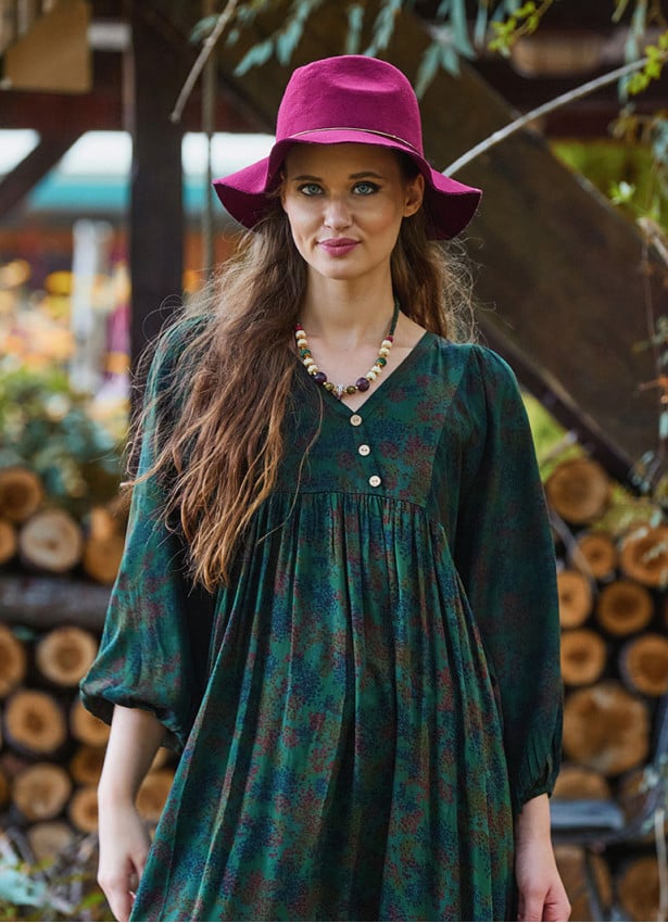 V Neck Elastic Sleeves with Button Detail Green Long Dress 4712