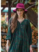 V Neck Elastic Sleeves with Button Detail Green Long Dress 4712