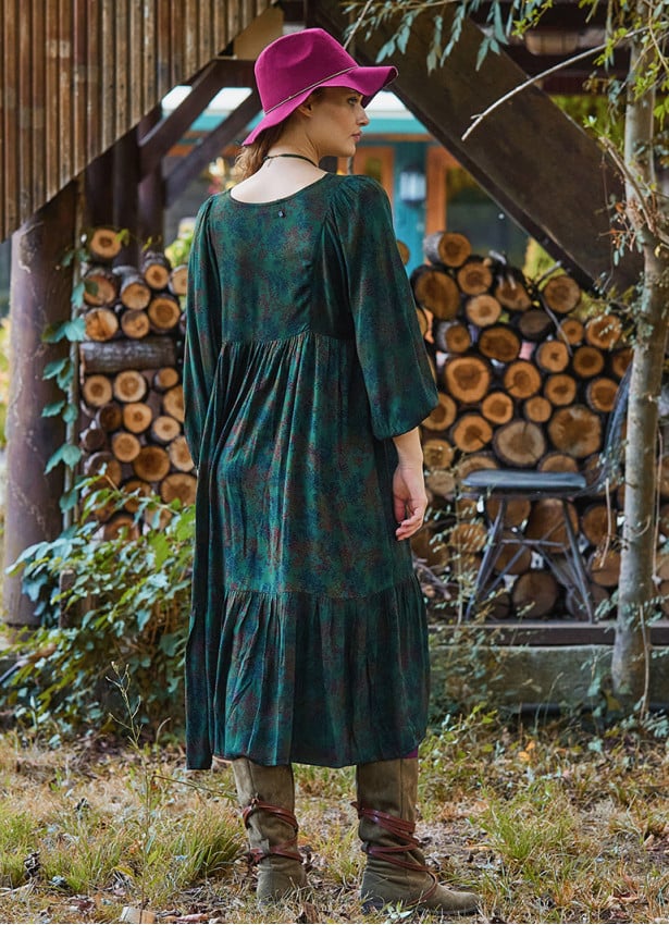 V Neck Elastic Sleeves with Button Detail Green Long Dress 4712