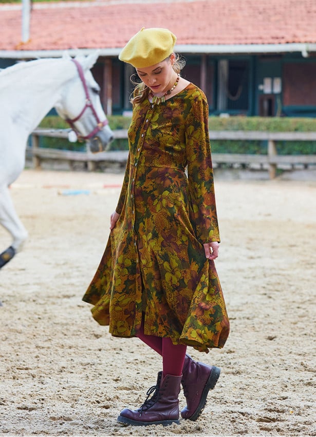 Boat Neck Asymmetrical Cut Button Detailed Olive Winter Dress 4722