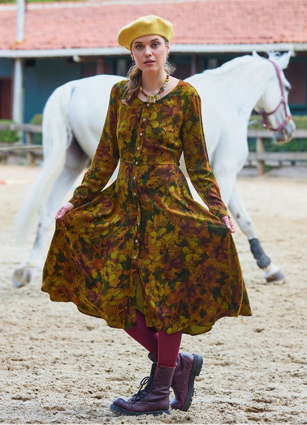 Boat Neck Asymmetrical Cut Button Detailed Olive Winter Dress 4722