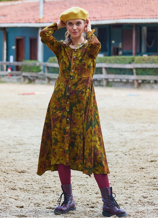 Boat Neck Asymmetrical Cut Button Detailed Olive Winter Dress 4722