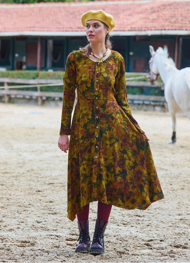 Boat Neck Asymmetrical Cut Button Detailed Olive Winter Dress 4722