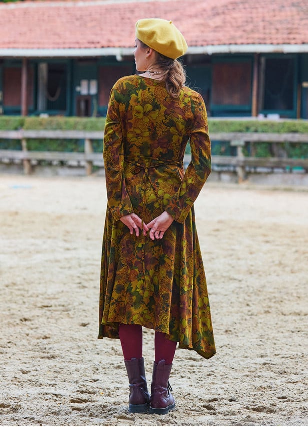 Boat Neck Asymmetrical Cut Button Detailed Olive Winter Dress 4722