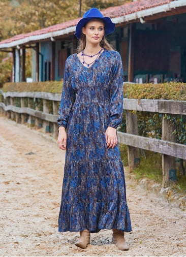 V Neck Frilled Detailed Blue Winter Dress 4701