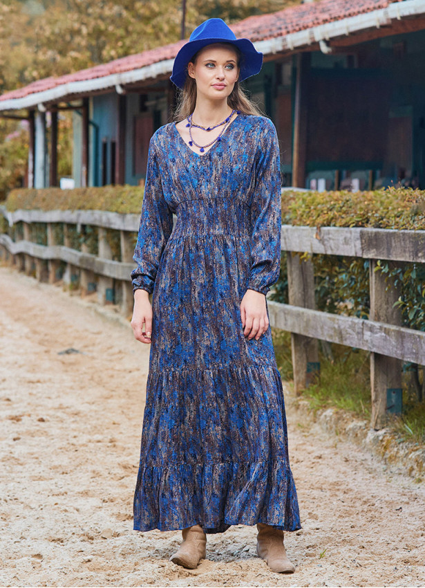 V Neck Frilled Detailed Blue Winter Dress 4701