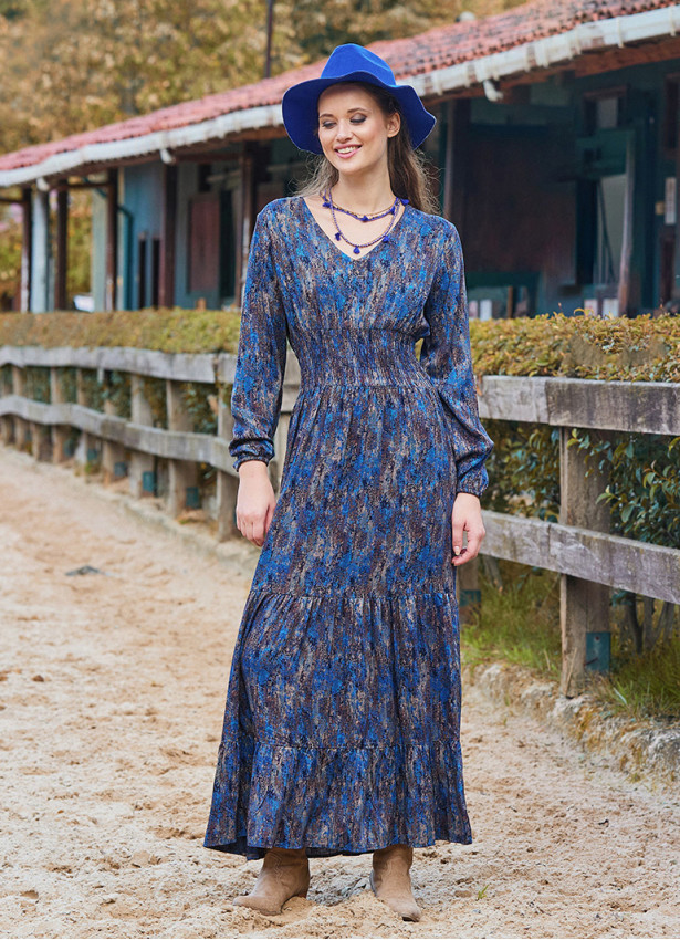 V Neck Frilled Detailed Blue Winter Dress 4701