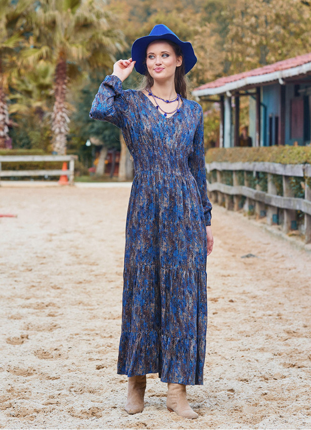 V Neck Frilled Detailed Blue Winter Dress 4701