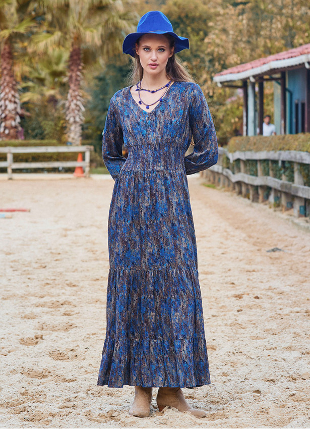 V Neck Frilled Detailed Blue Winter Dress 4701