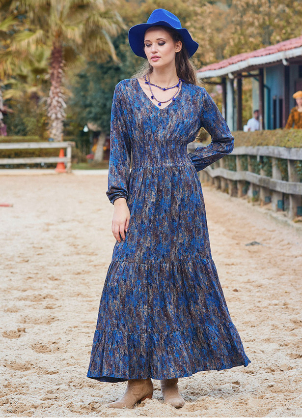 V Neck Frilled Detailed Blue Winter Dress 4701