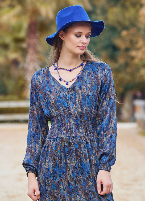 V Neck Frilled Detailed Blue Winter Dress 4701