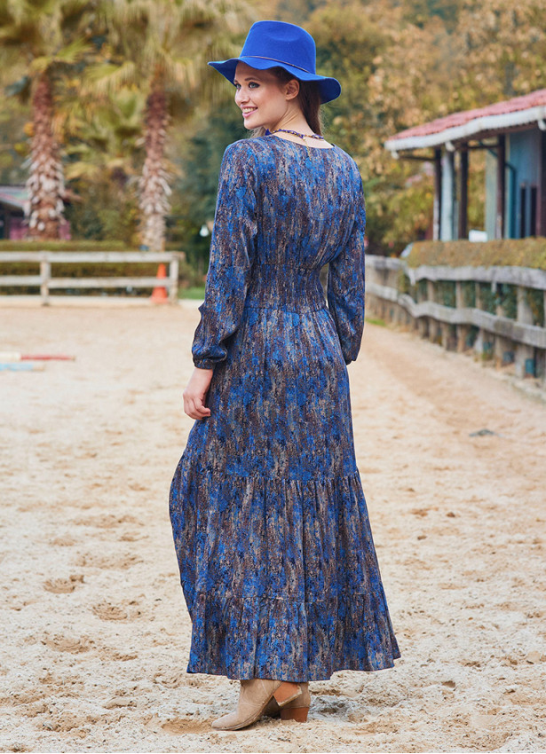 V Neck Frilled Detailed Blue Winter Dress 4701