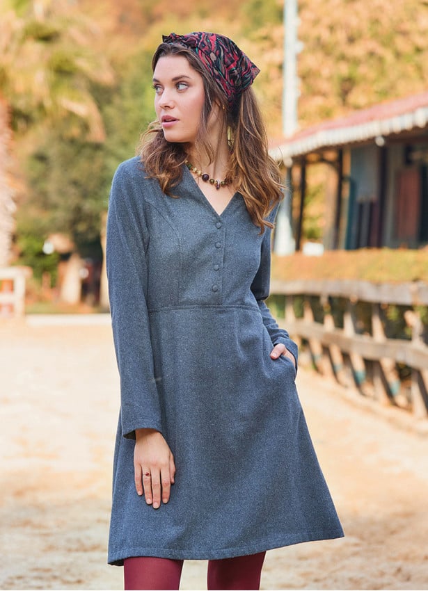 Anthracite Winter Dress with a Grandad Collar and Button Detail 4727