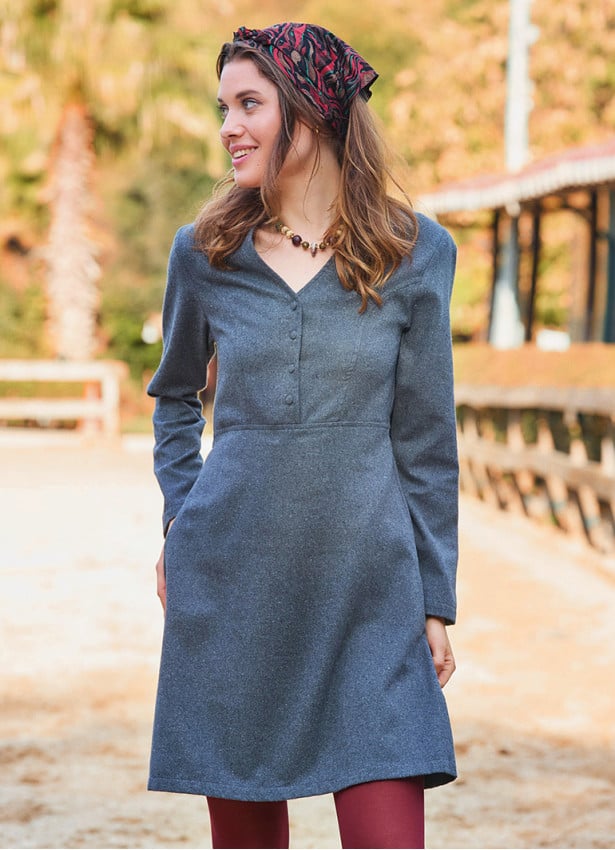 Anthracite Winter Dress with a Grandad Collar and Button Detail 4727