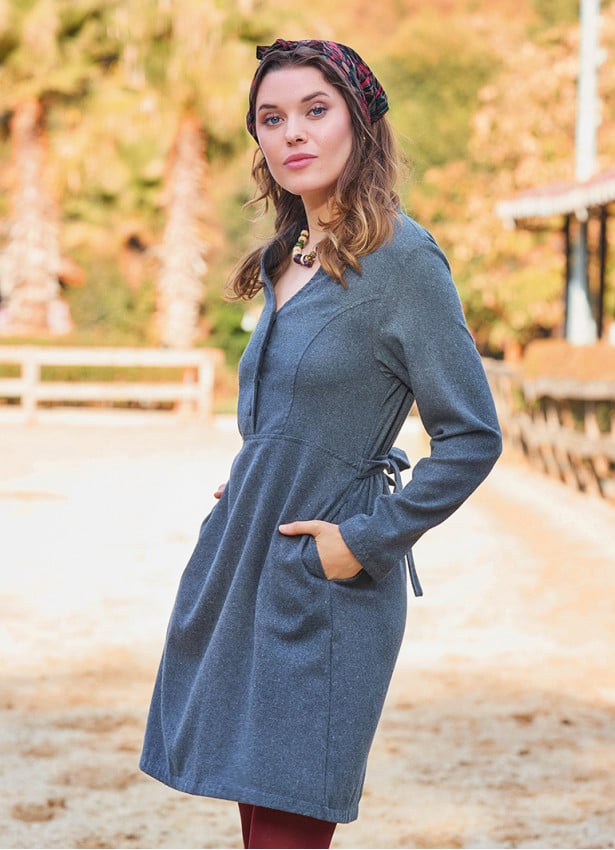 Anthracite Winter Dress with a Grandad Collar and Button Detail 4727