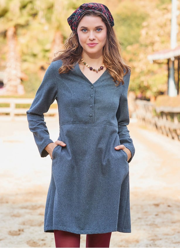 Anthracite Winter Dress with a Grandad Collar and Button Detail 4727