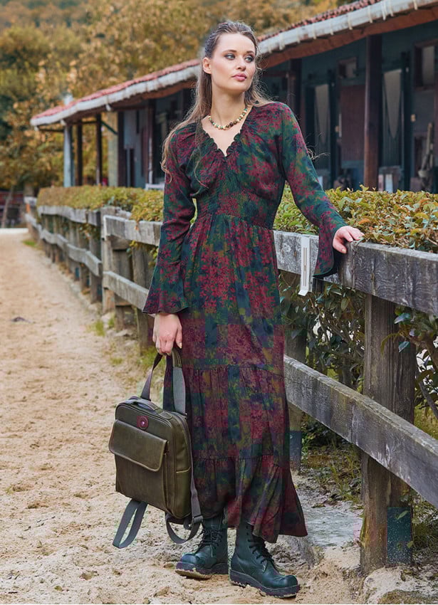Elastic Collar Spanish Sleeve Green Winter Dress 4720