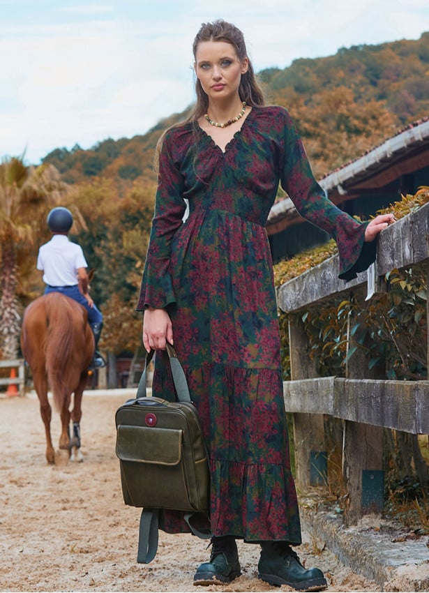 Elastic Collar Spanish Sleeve Green Winter Dress 4720