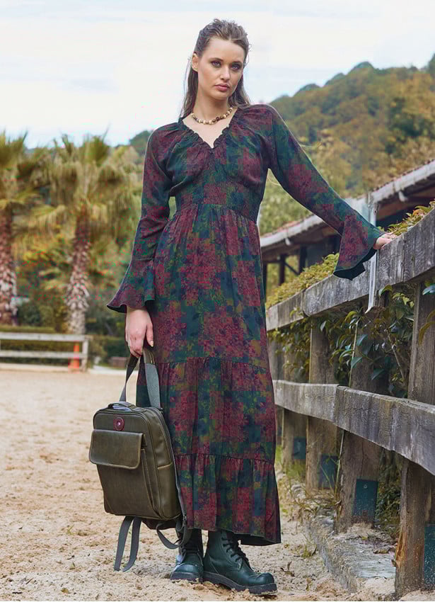 Elastic Collar Spanish Sleeve Green Winter Dress 4720