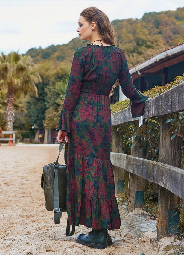 Elastic Collar Spanish Sleeve Green Winter Dress 4720