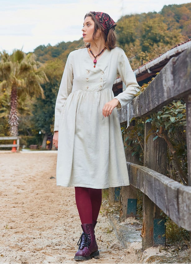 V Neck Button Detailed Zippered Cream Winter Dress 4738