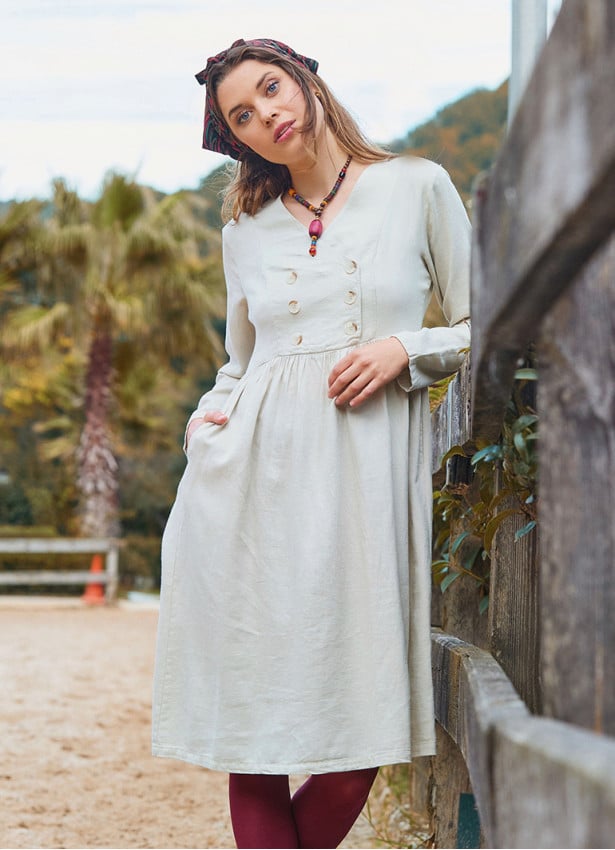 V Neck Button Detailed Zippered Cream Winter Dress 4738