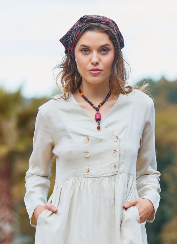 V Neck Button Detailed Zippered Cream Winter Dress 4738