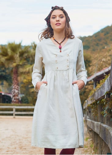 V Neck Button Detailed Zippered Cream Winter Dress 4738